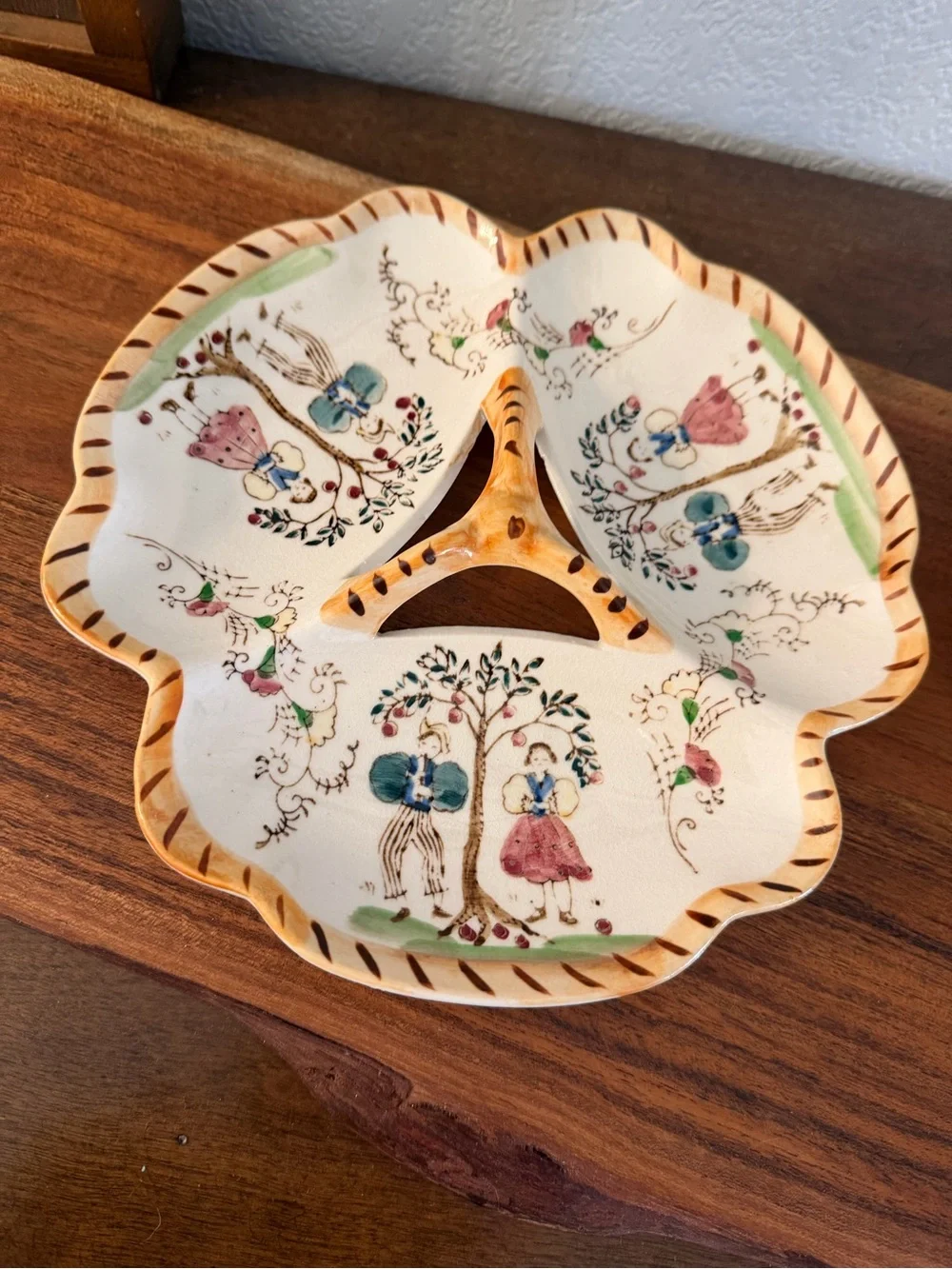 Mid-Century Hand-Painted Cream Ceramic 3-Section Serving Dish - Japan